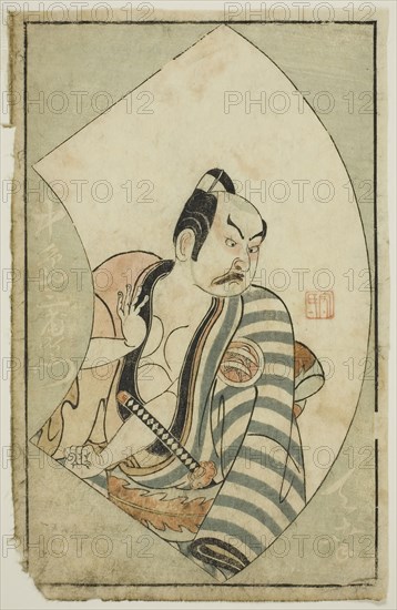 The Actor Nakajima Mioemon II, from A Picture Book of Stage Fans (Ehon butai ogi), 1770, Ippitsusai Buncho, Japanese, active c. 1755-90, Japan, Color woodblock print, page from illustrated book, 9 5/8 x 6 in.