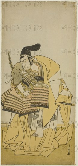 The Actor Ichikawa Ebizo III as Kudo Saemon Suketsune in the Play Kamuri Kotoba Soga no Yukari, Performed at the Ichimura Theater in the First Month, 1776, c. 1776, Katsukawa Shunsho ?? ??, Japanese, 1726-1792, Japan, Color woodblock print, hosoban, 32.8 x 15.1 cm (12 15/16 x 5 15/16 in.)