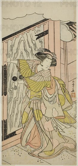 The Actor Nakamura Tomijuro I as Lady Hangaku (Hangaku Gozen) in the Play Wada-gassen Onna Maizuru, Performed at the Nakamura Theater in the Seventh Month, 1777, c. 1777, Katsukawa Shunsho ?? ??, Japanese, 1726-1792, Japan, Color woodblock print, hosoban, 32 x 14.8 cm (12 5/8 x 5 13/16 in.)