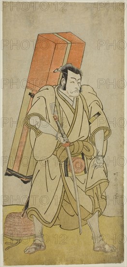The Actor Ichikawa Danjuro V as Godai Saburo Masazumi Disguised as Rokuju-rokubu in the Play Sugata no Hana Yuki no Kuronushi, Performed at the Ichimura Theater in the Eleventh Month, 1776, c. 1776, Katsukawa Shunsho ?? ??, Japanese, 1726-1792, Japan, Color woodblock print, hosoban, left sheet of diptych (?), 31.2 x 14.7 cm (12 5/16 x 5 13/16 in.)