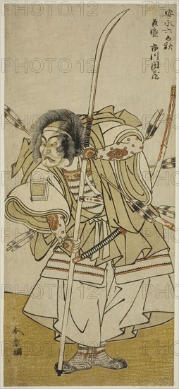The Actor Ichikawa Danzo IV as Taira no Tomomori in the Play Yoshitsune Sembon-zakura, Performed at the Nakamura Theater in the Eighth Month, 1777, c. 1777, Katsukawa Shunsho ?? ??, Japanese, 1726-1792, Japan, Color woodblock print, hosoban, 29.8 x 13.5 cm (11 3/4 x 5 5/16 in.)