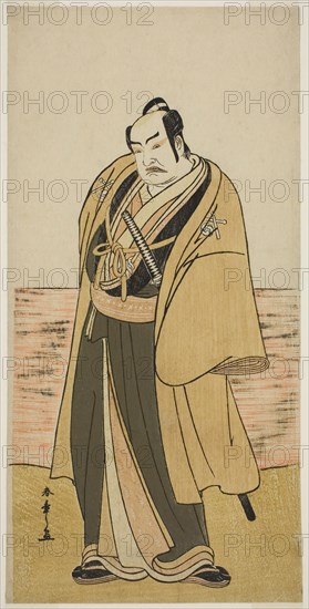 The Actor Nakamura Sukegoro II as Kaminari Shokuro in the Play Hatsumombi Kuruwa Soga, Performed at the Nakamura Theater in the Second Month, 1780, c. 1780, Katsukawa Shunsho ?? ??, Japanese, 1726-1792, Japan, Color woodblock print, hosoban, one sheet of pentaptych, 30.3 x 14.9 cm (11 15/16 x 5 7/8 in.)