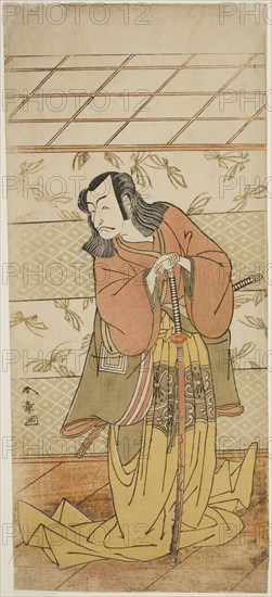 The Actor Ichikawa Danjuro V as Ashiya Doman in the Play Kikyo-zome Onna Urakata, Performed at the Morita Theater in the Seventh Month, 1776, c. 1776, Katsukawa Shunsho ?? ??, Japanese, 1726-1792, Japan, Color woodblock print, hosoban, 33.4 x 14.9 cm (13 1/8 x 5 7/8 in.)