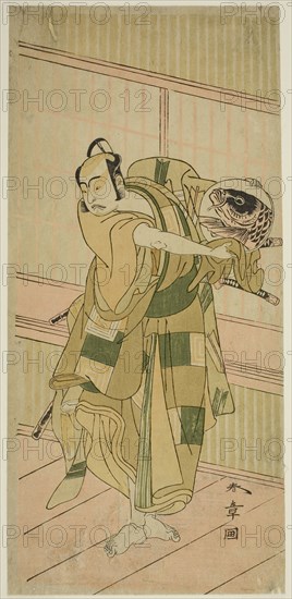 The Actor Ichikawa Yaozo II as Ashikaga Motouji Disguised as Katagiri Yashichi in the Play Oyoroi Ebido Shinozuka, Performed at the Nakamura Theater in the Eleventh Month, 1772, c. 1772, Katsukawa Shunsho ?? ??, Japanese, 1726-1792, Japan, Color woodblock print, hosoban, right sheet of diptych (?), 31.6 x 14.6 cm (12 7/16 x 5 13/16 in.)