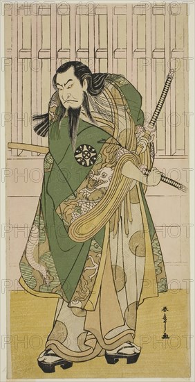 The Actor Nakamura Nakazo I as Hige no Ikyu in the Play Nanakusa Yosooi Soga, Performed at the Nakamura Theater in the Fifth Month, 1782, c. 1782, Katsukawa Shunsho ?? ??, Japanese, 1726-1792, Japan, Color woodblock print, hosoban, center sheet of pentaptych, 31.6 x 15.1 cm (12 7/16 x 5 15/16 in.)