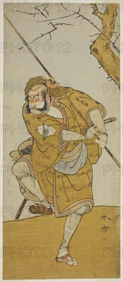 The Actor Onoe Matsusuke I as Kobayashi no Asahina Disguised as a Bird-Catcher in the Play Edo no Haru Meisho Soga, Performed at the Ichimura Theater in the Third Month, 1773, c. 1773, Katsukawa Shunsho ?? ??, Japanese, 1726-1792, Japan, Color woodblock print, hosoban, 29.6 x 12.6 cm (11 5/8 x 4 15/16 in.)