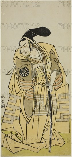 The Actor Nakamura Nakazo I as Kudo Suketsune (?) in the Play Iro Moyo Aoyagi Soga (?), Performed at the Nakamura Theater (?) in the Second Month, 1775 (?), c. 1775, Katsukawa Shunsho ?? ??, Japanese, 1726-1792, Japan, Color woodblock print, hosoban, 30.7 x 13.8 cm (12 1/16 x 5 7/16 in.)