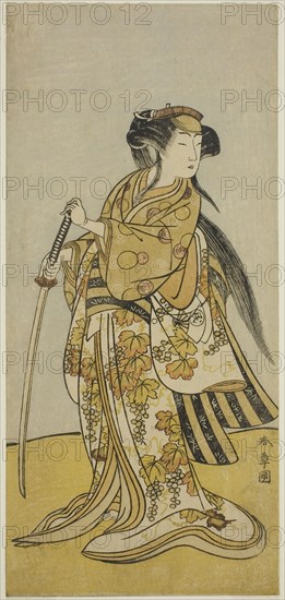 The Actor Onoe Tamizo I as Kureha (?) in the Play Shusse Taiheiki (?), Performed at the Nakamura Theater (?) in the Eighth Month, 1775 (?), c. 1775, Katsukawa Shunsho ?? ??, Japanese, 1726-1792, Japan, Color woodblock print, hosoban, 30 x 13.8 cm (11 13/16 x 5 7/16 in.)