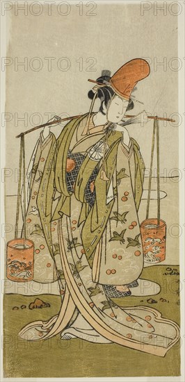 The Actor Segawa Kitsuji III as Murasame in the Play Gohiiki Kanjincho, Performed at the Nakamura Theater in the Eleventh Month, 1773, c. 1773, Katsukawa Shunsho ?? ??, Japanese, 1726-1792, Japan, Color woodblock print, hosoban, left sheet of a multisheet composition, 29.7 x 13.7 cm (11 11/16 x 5 3/8 in.) (trimmed)