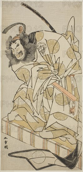The Actor Nakajima Mihoemon II as Bomon no Saisho Kiyotada in the Play Oyafune Taiheiki, Performed at the Ichimura Theater in the Eleventh Month, 1775, c. 1775, Katsukawa Shunsho ?? ??, Japanese, 1726-1792, Japan, Color woodblock print, hosoban, 29.8 x 14.3 cm (11 3/4 x 5 5/8 in.)