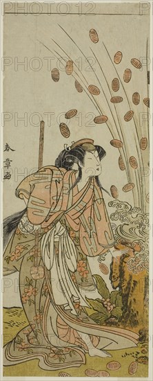 The Actor Segawa Kikunojo III as Hito-maru Disguised as the Courtesan Chiyozaki, in the Play Kuruwa no Hana Katsuragi no Kane, Performed at the Ichimura Theater in the third Month, 1775, c. 1775, Katsukawa Shunsho ?? ??, Japanese, 1726-1792, Japan, Color woodblock print, hosoban, 31.4 x 12.4 cm (12 3/8 x 4 7/8 in.)