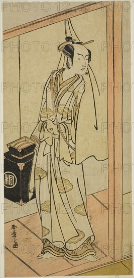 The Actor Arashi Sangoro II as the Hairdresser Obana Saizaburo in the Play Koi Musume Mukashi Hachijo, Performed at the Nakamura Theater in the Third Month, 1776, c. 1776, Katsukawa Shunsho ?? ??, Japanese, 1726-1792, Japan, Color woodblock print, hosoban, left sheet of diptych (?), 29.7 x 14 cm (11 11/16 x 5 1/2 in.)