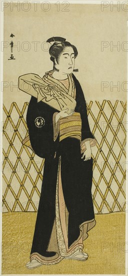 The Actor Sawamura Sojuro III as the Hairdresser Jirokichi in the Play Shida Choja-bashira, Performed at the Nakamura Theater in the Eighth Month, 1781, c. 1781, Katsukawa Shunsho ?? ??, Japanese, 1726-1792, Japan, Color woodblock print, hosoban, left sheet of diptych, 29.9 x 13.7 cm (11 3/4 x 5 3/8 in.)