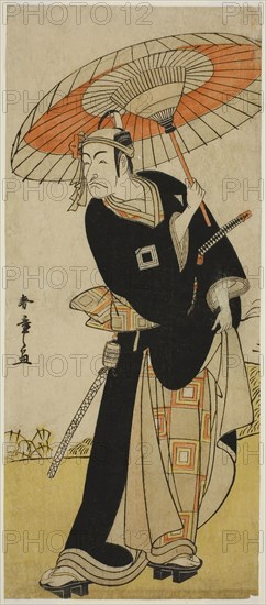 The Actor Ichikawa Danjuro V as Hanakawado no Sukeroku in the Play Nanakusa Yosooi Soga, Performed at the Nakamura Theater in the Fifth Month, 1782, c. 1782, Katsukawa Shunsho ?? ??, Japanese, 1726-1792, Japan, Color woodblock print, hosoban, right sheet of diptych (?), 30.5 x 13.2 cm (12 x 5 3/16 in.)