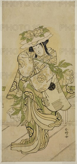 The Actor Nakamura Nakazo I in a Shak-kyo Dance in the Play Aioi Jishi, Performed at the Ichimura Theater in the Fourth Month, 1784, c. 1784, Katsukawa Shunko I, Japanese, 1743-1812, Japan, Color woodblock print, hosoban, 32.1 x 14.8 cm (12 5/8 x 5 13/16 in.)