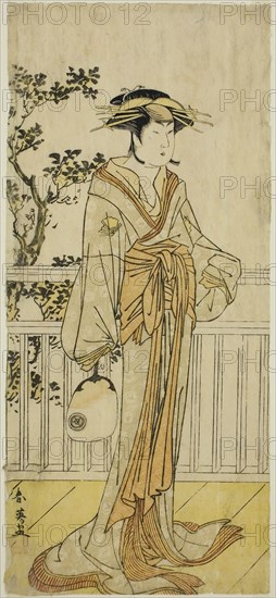 The Actor Iwai Hanshiro IV as Okumi of the Mieido Fan Shop (?) in the Play Sanjuk-koku Yobune no Hajimari (?), Performed at the Ichimura Theater (?) in the Fifth Month, 1789 (?), c. 1789, Katsukawa Shun’ei, Japanese, 1762-1819, Japan, Color woodblock print, hosoban, 30.7 x 13.7 cm (12 1/16 x 5 3/8 in.)