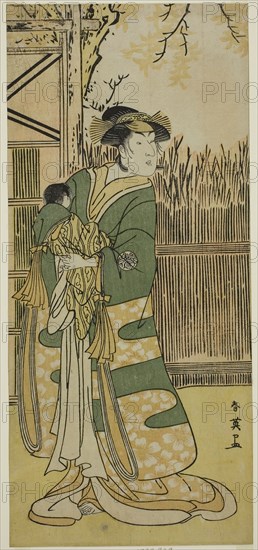 The Actor Nakayama Tomisaburo I as Lady Tokiwa (Tokiwa Gozen) (?) in the Play Kimmenuki Genke no Kakutsuba (?), Performed at the Ichimura Theater (?) in the Eleventh Month, 1791 (?), c. 1791, Katsukawa Shun’ei, Japanese, 1762-1819, Japan, Color woodblock print, hosoban, left sheet of diptych (?), 30.8 x 13.9 cm (12 1/8 x 5 1/2 in.)