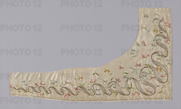 Two Fragments, 19th century, United States, Silk, satin weave, embroidered in silk floss, silver and pink metal threads wrapped around a fiber core, in long and short split and  couching stitches and French knots, 103.1 x 59.3 cm (40 1/2 x 23 3/8 in.)