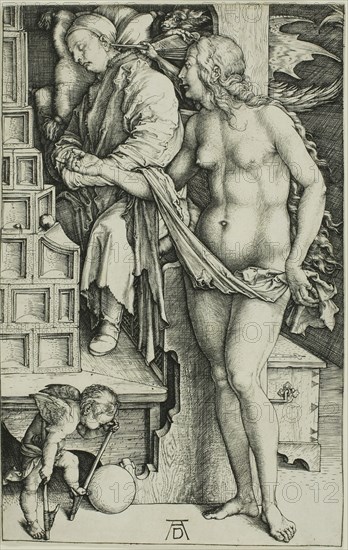 The Temptation of the Idler (The Dream of the Doctor), c. 1498, Albrecht Dürer, German, 1471-1528, Germany, Engraving in black on ivory laid paper, 188 x 119 mm