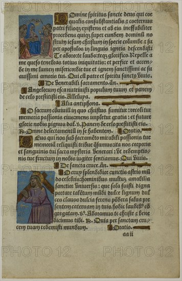 Pentecost and Christ Carrying the Cross, c. 1500, Unknown artist, French, active 15th/16th century, France, Hand-colored woodcuts, with gilding and letterpress, on vellum, 244 × 157 mm (sheet), 200 × 116 mm (te×t)