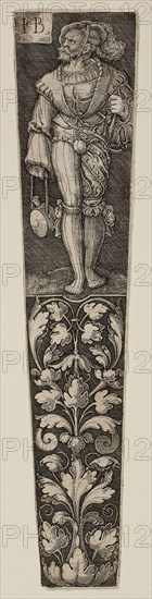 Dagger Sheath with a Landsknecht, 1568/70, Jacob Binck, German, c.1500-1569, Germany, Engraving in black on ivory laid paper, 163 x 36 mm (image/plate/sheet)