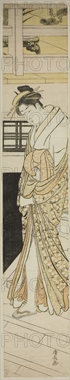 Courtesan Descending Stairs, c. 1783, Torii Kiyonaga, Japanese, 1752-1815, Japan, Color woodblock print, hashira-e, 70.0 x 12.3 cm