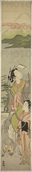 Parody of Ariwara no Narihira’s journey to the east, c. early 1770s, Masunobu, Japanese, active c. 1764-72, Japan, Color woodblock print, hashira-e, 26 5/8 x 4 11/16 in.
