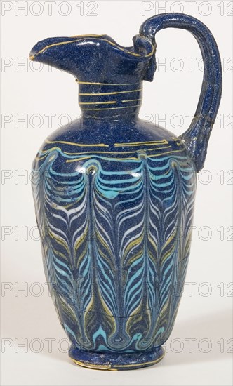 Oinochoe (Pitcher), mid–4th/early 3rd century BC, Eastern Mediterranean or Italian, Eastern Mediterranean Region, Glass, core-formed technique, 13.7 × 4.5 × 6.6 cm (5 3/8 × 1 3/4 × 2 5/8 in.)