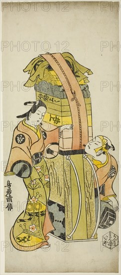 The Actors Ichikawa Danjuro II as Kamada Matahachi and Ichikawa Monnosuke I as Hisamatsu in the play Osome Hisamatsu Shinju Tamoto no Shirashibori, performed at the Morita Theater, 1720, 1720, Torii Kiyonobu I, Japanese, 1664–1729, Japan, Hand-colored woodblock print, hosoban, urushi-e, 35.4 x 15.4 cm (13 7/8 x 5 7/8 in.)