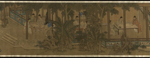 The Four Accomplishments, Qing dynasty (1644–1911), 19th century, Wang Ning (??), attributed, Chinese, China, Handscroll, ink and color on silk, 35.8 × 392.6 cm