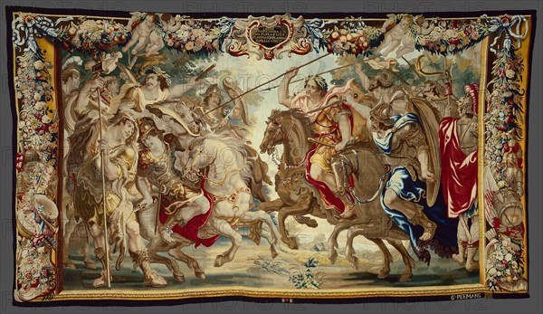 Caesar Defeats the Troops of Pompey from The Story Caesar and Cleopatra, c. 1680, After a design by Justus van Egmont (1601–1674), Woven at the workshop of Gerard Peemans (1637/39–1725), Flanders, Brussels, Flanders, Wool and silk, slit and double interlocking tapestry weave, 673.5 × 370.2 cm (265 1/8 × 145 3/4 in.)