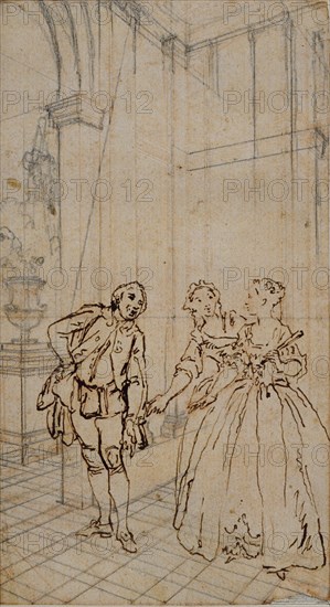 Literary Illustration with Gentleman and Two Ladies in Interior, n.d., Hubert François Gravelot, French, 1699-1773, France, Pen and brown ink and graphite, over red chalk, on buff laid paper, laid down on ivory laid paper, 139 × 77 mm