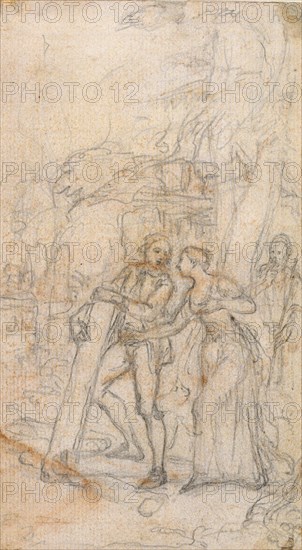 Study for William Shakespeare’s The Tempest, c. 1744, Hubert François Gravelot, French, 1699-1773, France, Graphite, with red chalk, on cream laid paper, laid down on ivory laid paper, 138 × 77 mm