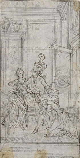 Study for Vignette-Frontispiece in Charles-Simon Favart’s L’Amitié à l’Epreuve, c. 1771, Hubert François Gravelot, French, 1699-1773, France, Graphite, on gray laid paper, laid down on ivory laid paper, 158 × 82 mm