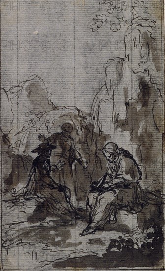 Study for Vignette in Abbé Dinouart’s Vie du Venerable don Juan de Palafox, p. 391, c. 1767, Hubert François Gravelot, French, 1699-1773, France, Pen and gray ink with brush and gray-brown wash, with graphite, on gray laid paper, laid down on cream laid paper, 129 × 78 mm