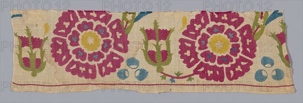 Fragment, 17th century, Turkey, Turkey, linen(?), plain weave, embroidered with silk in regular surface darning and surface darning on the diagonal, 15.2 x 51.4 cm (6 x 20 1/4 in.)