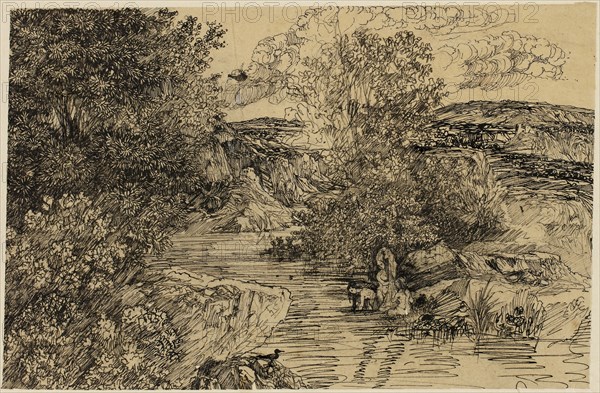 Bathers in a Brook, n.d., Rodolphe Bresdin, French, 1825-1885, France, Pen and black ink over graphite, on tan tracing paper, laid down on buff wove paper, 114 × 173 mm