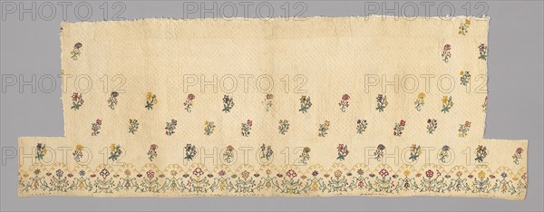 Fragments from a Bedcover made of Petticoat Borders, Late 18th century, France, Cotton, plain weave, embroidered with wool threads in chain stitch, quilted, 87.8 × 246.5 cm (34 1/2 × 97 in.)
