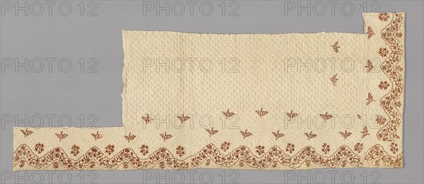 Fragments from a Bedcover made of Petticoat Borders, Late 18th century, France, Cotton, plain weave, embroidered with wool threads in chain stitch, quilted, 82 × 206.5 cm (32 3/8 × 81 1/4 in.)