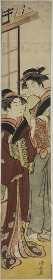 Geisha Talking to Her Maid, c. 1782, Torii Kiyonaga, Japanese, 1752-1815, Japan, Color woodblock print, hashira-e, 61.7 x 12.1 cm