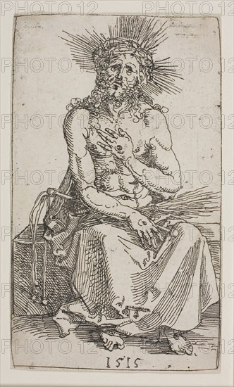 Man of Sorrows, Seated, 1515, Albrecht Dürer, German, 1471-1528, Germany, Engraving in black on ivory laid paper, 111 x 65 mm (image), 111 x 66 mm (sheet)