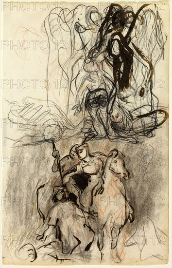 Two Sketches, Armed Riders and Figure on the Ground, n.d., Attributed to Eugène Delacroix, French, 1798-1863, France, Pen and brown ink, black and red chalk with graphite, on ivory wove paper, 342 × 217 mm