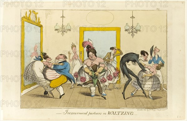 Inconvenient Partners in Waltzing, 1817/19, Isaac Robert Cruikshank (English, 1789-1856), published by Thomas Tegg (English, 1776-1846), England, Hand-colored etching on paper, 222 × 328 mm (image), 250 × 359 mm (plate), 267 × 410 (sheet)