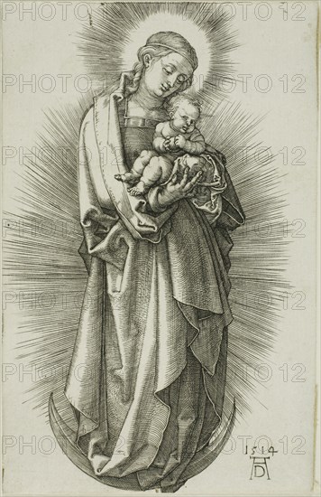 The Virgin on the Crescent with a Diadem, 1514, Albrecht Dürer, German, 1471-1528, Germany, Engraving in black on off-white laid paper, 116 × 75 mm (image/sheet)