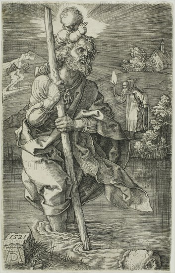 St. Christopher Facing to the Right, 1521, Albrecht Dürer, German, 1471-1528, Germany, Engraving in black on ivory laid paper, 118 × 75 mm (image/sheet)