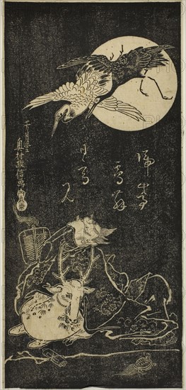 Jurojin with cranes, a stag, and a tortoise, 18th century, Okumura Masanobu, Japanese, 1686-1764, Japan, Woodblock print, hosoban, sumizuri-e, 32.6 x 15.2 cm