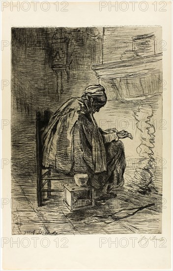 Old Woman Warming her Hands, 1883, Jozef Israëls, Dutch, 1824-1911, Netherlands, Etching on paper, 386 x 282 mm (image), 413 x 293 mm (plate), 497 x 317 mm (sheet)