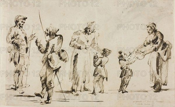 Sheet of Sketches: Six Figures, 1768/78, Giovanni Battista Piranesi, Italian, 1720-1778, Italy, Pen and black and gray ink on ivory laid paper, 231 x 365 mm