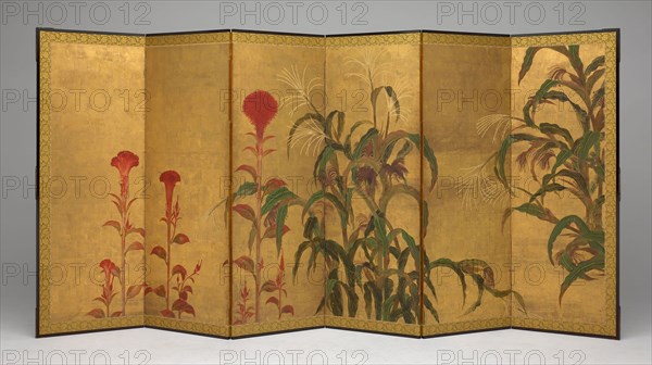 Maize and Cockscombs, mid 17th century, Japanese, Japan, Six-panel screen, ink, color, and gold on paper, 170.2 × 357 cm (67 in × 140 1/2 in.)