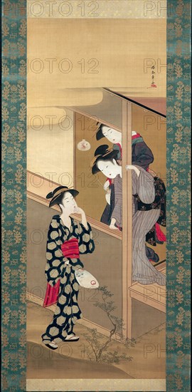 Three Beauties Chatting by a Veranda, About 1792, Katsukawa Shunsho ?? ??, Japanese, 1726-1792, Japan, Hanging scroll, ink and colors on silk, 89.4 x 34.6 cm (35 1/4 x 13 5/8 in.)